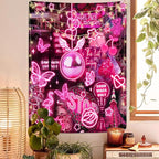 XL Pink Neon Tapestry for Bedroom Aesthetic Retro Blacklight Tapestry Glow in the Dark Ceiling Tapestries Wall Hanging Black Light Poster UV Reactive Extra Large Fabric Wall Hanging Tapestries 71”x90”
