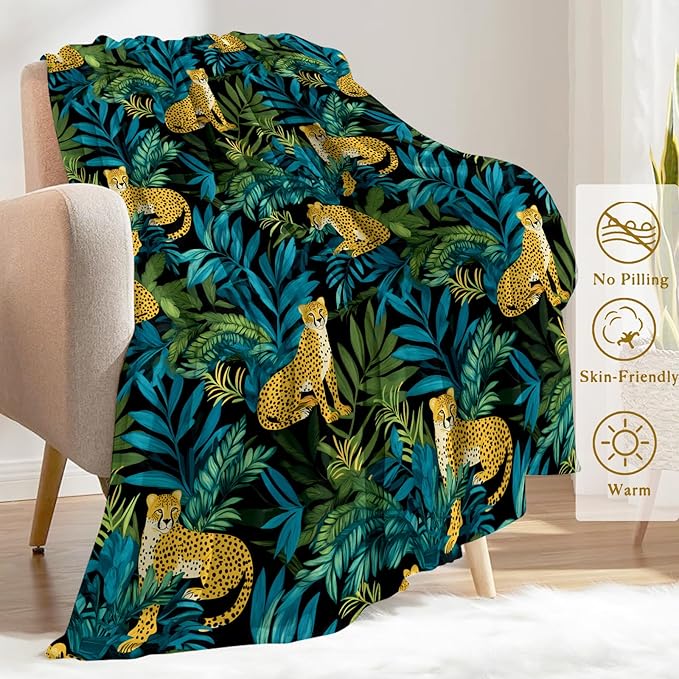 Tropical Leopard Fleece Blanket - Lightweight Soft Cozy Gifts Throw for Nature Lovers,Kids,Women,Men,Exotic Jungle Amongst Lush Greenery Blankets,Wild Boho Home Room Modern Art Decor 50x60in