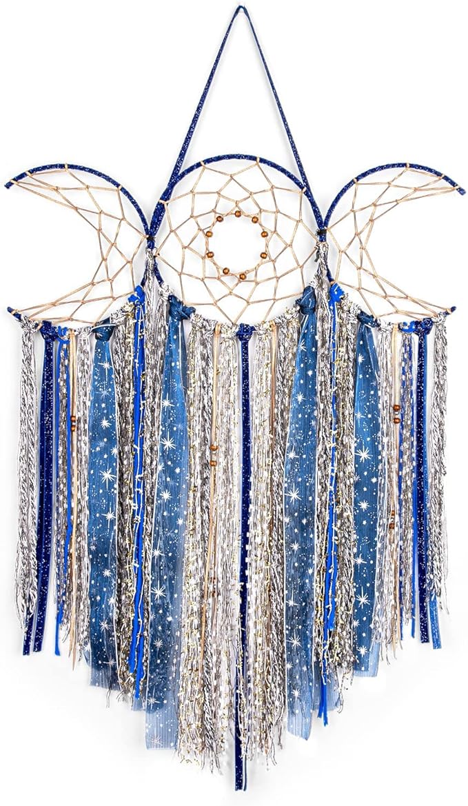ANROYE Blue Triple Moon Goddess Macrame Wall Hanging, Boho Wiccan Crescent Dream Catcher, Bohemian Dreamcatcher Art for Women, Hippie Woven Pagan Tapestry Decor for Bedroom Decoration