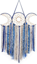ANROYE Blue Triple Moon Goddess Macrame Wall Hanging, Boho Wiccan Crescent Dream Catcher, Bohemian Dreamcatcher Art for Women, Hippie Woven Pagan Tapestry Decor for Bedroom Decoration
