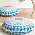 Codi Meditation Floor Pillow Set of 2, Round Large Pillows Seating for Adults, Bohemian Mandala Circle Cushion for Outdoor Fireplace Yoga Living Room, 32 Inch, Memory Foam Added, Aqua