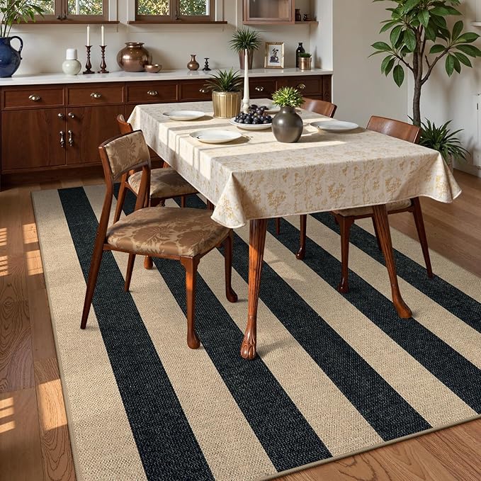 Lahome Elance Striped Easy Jute Dining Room Rug, 6x9 Indoor Outdoor Rugs for Patio Living Room, Farmhouse Neutral Non Slip Low Pile Black Carpet for Bedroom Office Backyard Classroom