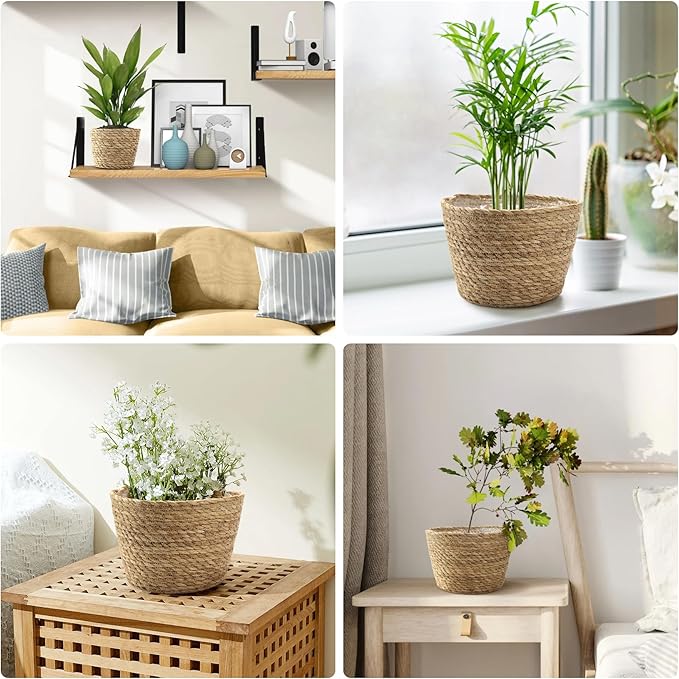 Athaliah Plant Basket Set of 3, Woven Plant Baskets Indoor with Plastic Liner, Water Hyacinth & Corn Husk Planter Baskets, Floor Plant Baskets for Pots, Rustic Farmhouse Home Decor