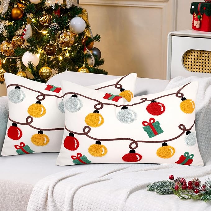 Christmas Embroidered Lumbar Pillow Covers Farmhouse Tufted Pillow Covers Winter Holiday Decorative Couch Covers 12x20 Christmas Lights Square Cushion Cases Set of 2 for Living Room Couch Sofa Bed