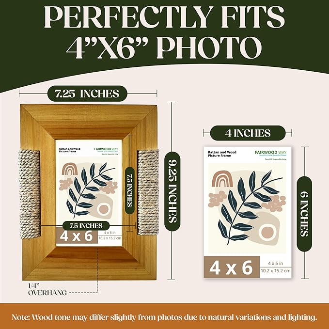 Boho Wooden Picture Frame with Wicker Accent | For 4x6 Photo or Artwork | 7x9 Inch Outer Edge | Bohemian, Coastal or Biophilic Style, Wall & Tabletop Decor Picture Frame, All Natural Wood & Seagrass | Golden Brown