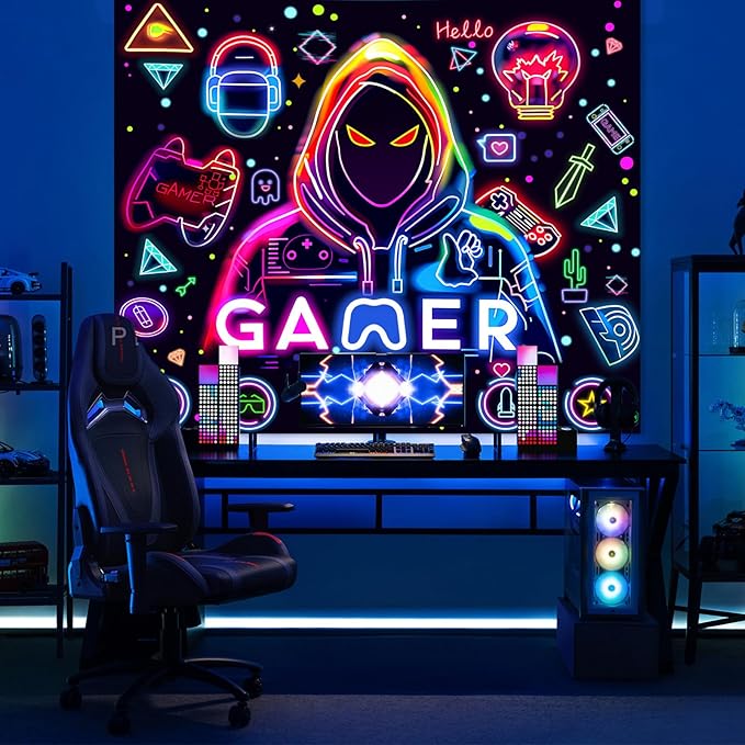 Apdidl Blacklight Gaming Wall Tapestry for Bedroom, Glow in the Dark Funny Game Player Boys Room Decor Tapestries, Cool Gamer Posters UV Reactive Neon Wall Hanging for Kids Living Room Dorm 51" X 60"
