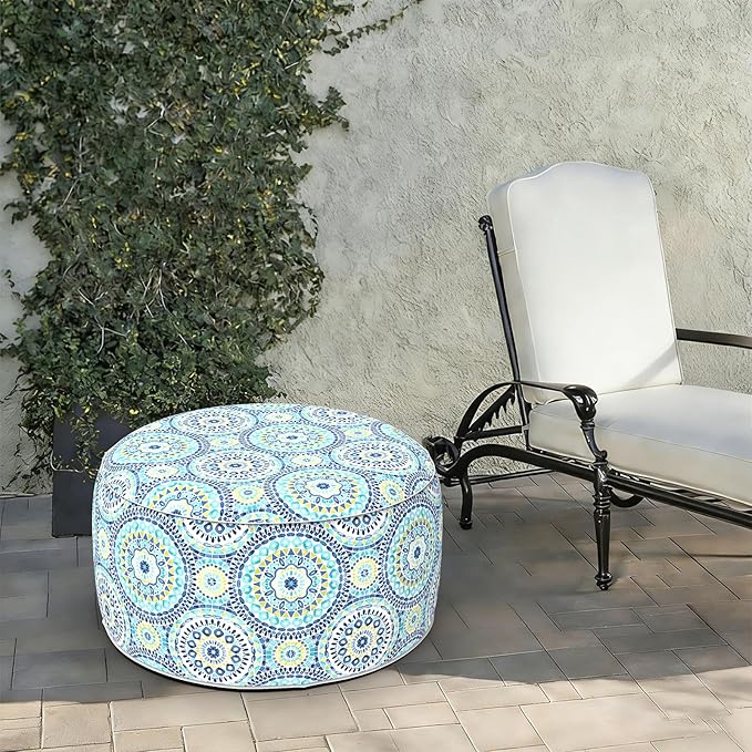 LVTXIII Indoor/Outdoor Extra Large Inflatable Ottoman Pouf D31 x H14 Inch, Round Footstool with Handle, Weather-Resistant Portable Furniture for Patio, Camping, Beach, Delancey Lagoon