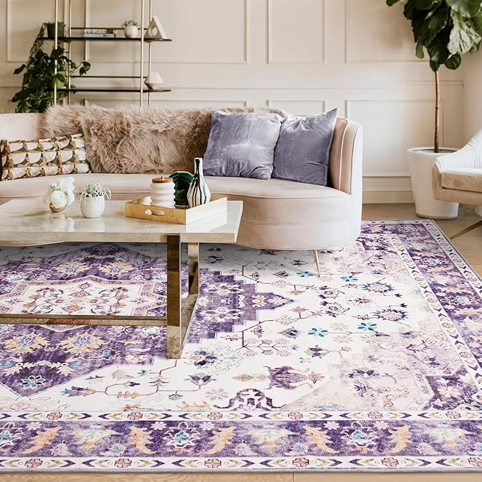 Amearea Vintage Design Area Rugs for Living Room, 4x6 Machine Washable Floral Collection Traditional Bedroom Rug, Low Pile Cute Kids Room Print Carpet, No Slip Office Kitchen Home Decor, Purple