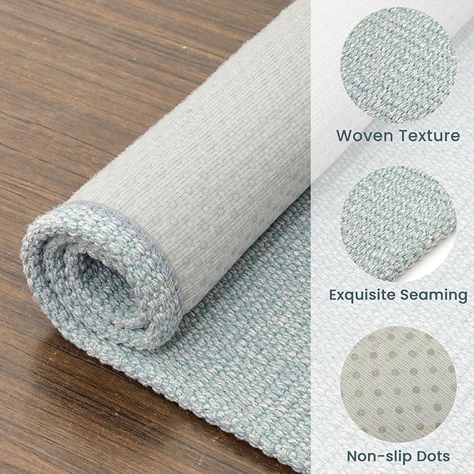 EARTHALL Washable Runner Rug 2x6 Ft Non Slip Runners for Hallways Cotton Rubber Backed Kitchen Runner Braided Indoor Floor Carpet Runners for Entryway, Hallway, Kitchen, Bedroom, Turquoise/Gray
