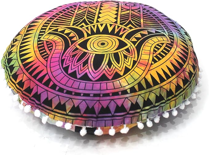 CRAFT KALA Large Round Bohemian Floor Pillow Pouf Cover Mandala Meditation Room Pillow Cover for Adults Boho Seating Poufs Cushion Cover for Kids Playroom Multi Hamsa 32" Round