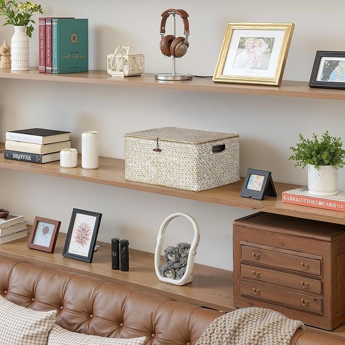 StorageWorks Wicker Baskets with Lid, Seagrass Storage Baskets for Shelves, Decorative Box with Built-in Handles,White