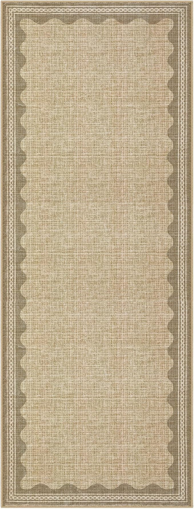 GarveeHome 2x6 Runner Rug for Hallway Washable Kitchen Rugs Non Slip Solid Tan Jute Digital Printing Modern Soft Low-Pile Scalloped Indoor Carpet for Entryway Laundry Room Floor Mats