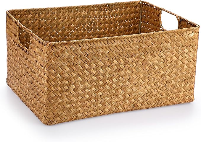 Hipiwe Seagrass Storage Baskets Bin for Shelf Handwoven Wicker Baskets Built-in Handles Rectangular Closet Bedroom Organizer Box Multipurpose Woven Basket Bins,14.6"x 10.6"x 7.1"