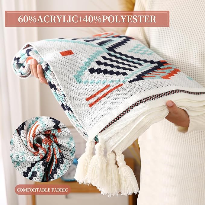 Knitted Queen Size Throw Blanket - Lightweight Breathable Summer Soft Blanket of Polyester Imitation Cotton for Anti-Static,Luxury Throws for Bed, Couch and Sofa,Orange Tassel Pattern