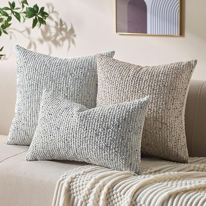 Decorative Couch Throw Pillow Covers 20x20 Blue Striped Soft Wool Pillow Covers Neutral Textured Boho Cushion Covers for Modern Farmhouse Sofa Bedroom Living Room Decor SY011-C20