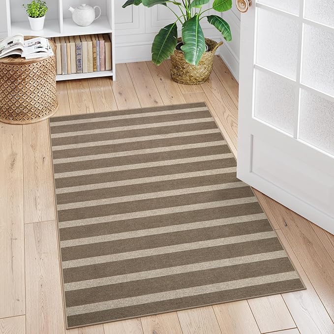 Lahome Elance Striped Easy Jute Rug, 3x5 Outdoor Patio Porch Rug Washable Rugs for Entryway, Indoor Outdoor Living Room Carpets, Farmhouse Neutral Non Slip Carpet for Backyard Bedroom RV, Khaki