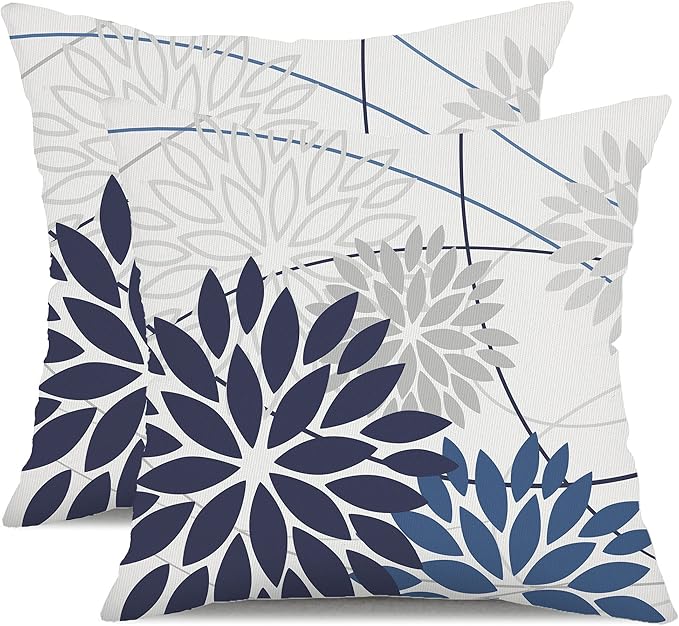 DFXSZ Blue Flower Pillow Covers 16x16 Inch Set of 2 Dark and Light Blue Colored Pillow Farmhouse Outdoor Waterproof Decor for Patio Funiture Garden Summer Floral Polyester Square Cushion Cover 01D16