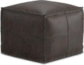 SIMPLIHOME Sheffield Square Pouf - 18 inch Wide Genuine Leather Ottoman in Distressed Dark Brown, Boho-Style Footrest, Extra Seating, or Accent Piece for Living Room or Bedroom, Assembled