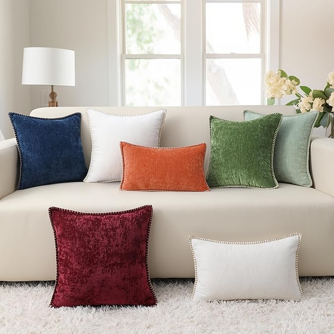 decorUhome Chenille Soft Cozy Throw Pillow Covers 18x18 Set of 2, Modern Farmhouse Boho Velvet Decorative Pillow Cases with Stitched Edge for Couch Sofa Bed Home Decor, Rust