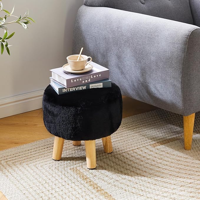 YMYNY Round Pouf Ottoman Small Foot Stool Faux Fur Foot Rest for Couch Modern Boho Footstools with Wood Legs for for Living Room Bedroom Office,12.6" D×12.6" W×12.6" H Black UHBD035B