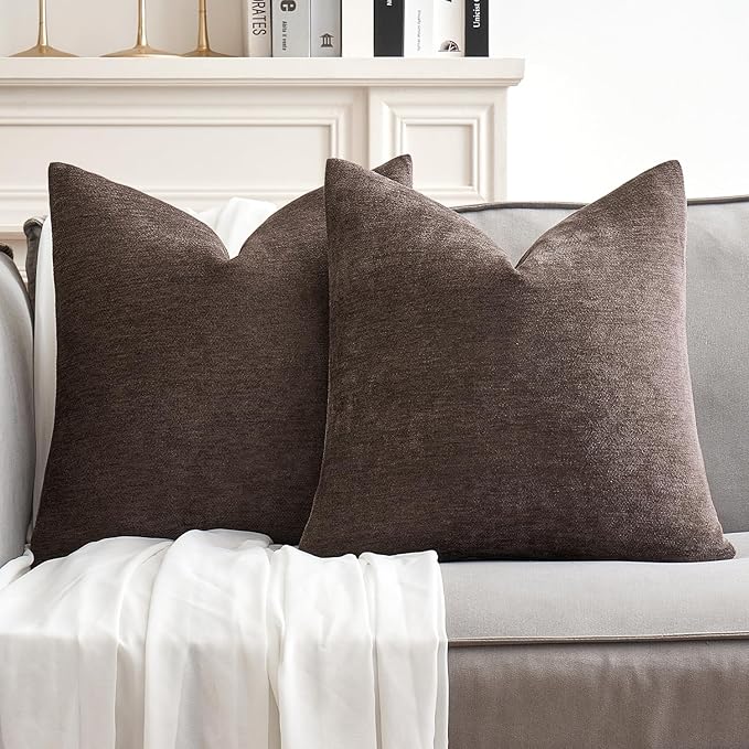 MIULEE Pack of 2 Dark Brown Decorative Pillow Covers 20x20 Inch Soft Chenille Couch Throw Pillows Farmhouse Cushion Covers for Home Decor Sofa Bedroom Living Room