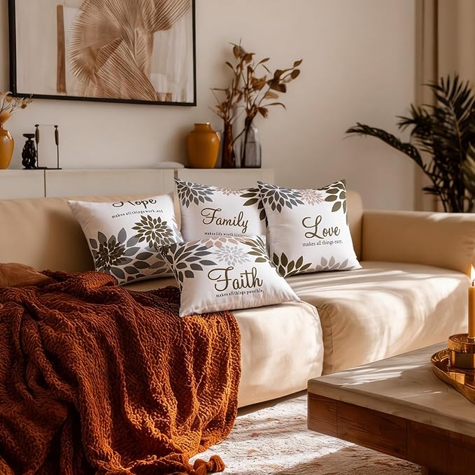 Tatuo 4 Pcs Flower Pillow Covers Square Spring Pillow Cushion Cases 18 x 18 Inch Family Faith Hope Love Words Decorative Summer Winter Cushion Case for Bed Couch Sofa Living Room(Dark Brown Series)