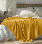 KyraHome 100% Organic Cotton Throw Blanket for Couch, 60"x80" Large Muslin Blankets for Adult, Couch, Plant Dyed Pre-Washed Breathable Gauze Warm, Fall Cotton Blankets, All Season (Mustard Yellow)