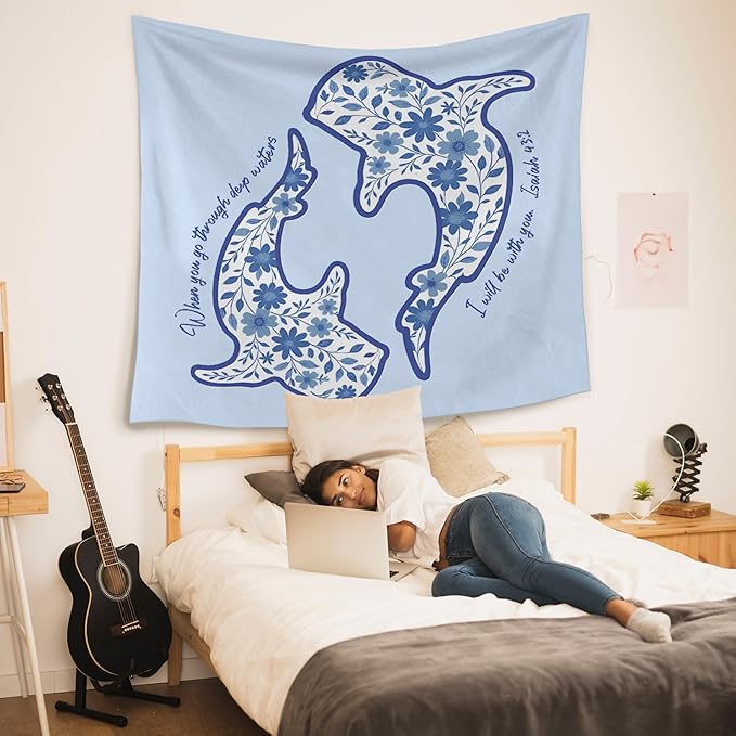 HUGANE Whale Shark Christian Tapestry, Isaiah 43:2 Bible Verse Tapestry Wall Hanging, Religious Bible Scripture Wall Blanket Backdrop Decor for Home Bedroom Living Room, 50x60 Inch,Color-B