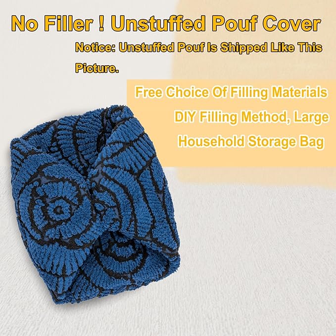 Asuprui Fluffy Flower Pouf Ottoman Cover Only – 20"x14" Round Plush Fuzzy Pouf Shell for Footrest, Stool or Floor Seat, Soft Removable Home Decor (No Insert Included) (Navy Blue)