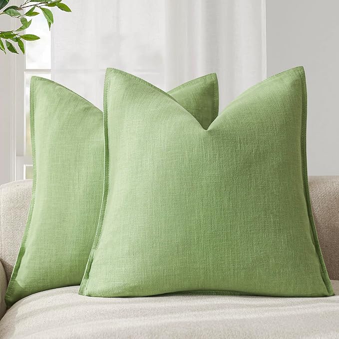 Foindtower Pack of 2, Decorative Linen Soild Throw Pillow Covers Soft Accent Euro Cushion Case Boho Farmhouse Pillowcase for Chair Couch Sofa Bedroom Living Room Home Decor 22 x 22 Inch Lime Green