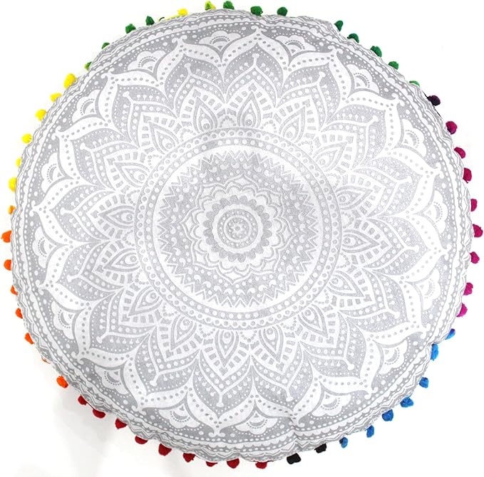 CRAFT KALA 32" Round Large Round Bohemian Floor Pillow Pouf Cover Mandala Meditation Room Pillow Cover for Adults Boho Seating Poufs Cushion Cover for Kids Playroom Silver Matellic Ombre