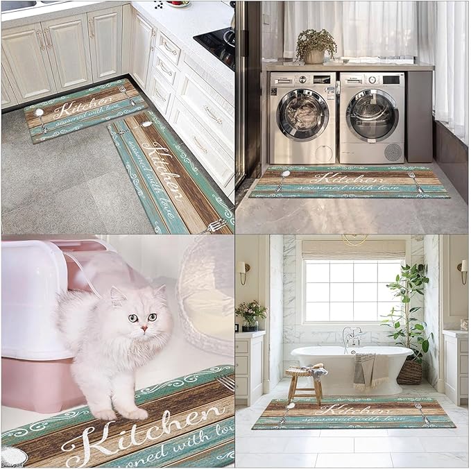 Arttown Teal Farmhouse Anti-Fatigue Kitchen Rug Set of 2 Brown Knife Fork Rustic Vintage Cushioned Floor Standing Mat Waterproof Non-Slip Kitchen Mat and PVC Ergonomic Comfort Foam Rug