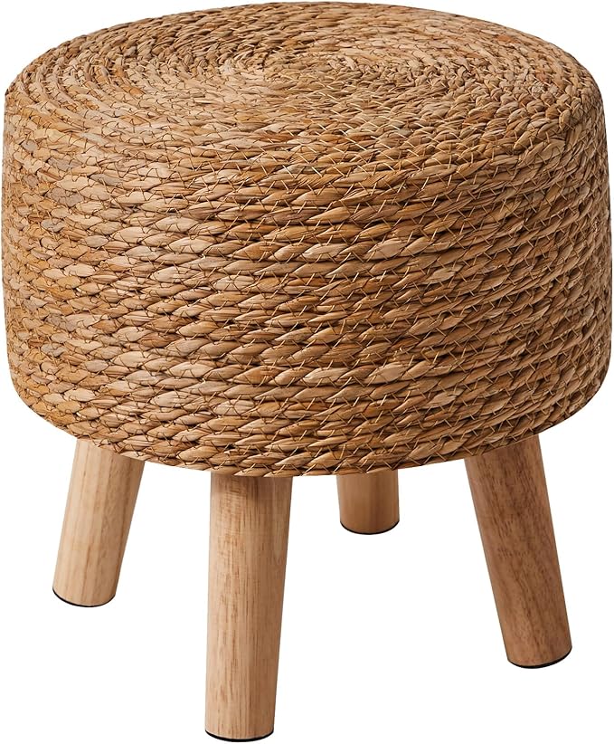 YMYNY Foot Stool Natural Seagrass Hand Weave, 12.6" Small Ottoman, Round Footrest for Living Room, Bedroom, Entryway, Change Shoes Stool, Non-Skid Wood Legs, Boho, Natural, UHBD027N