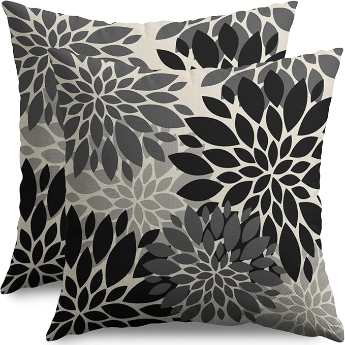 Black Grey Gray Pillow Covers 24X24 Inch Set of 2, Dahlia Flower Spring Summer Floral Cream Decorative Throw Pillow Covers Outdoor Modern Farmhouse Cushion Case for Home Couch Sofa Bed Decor
