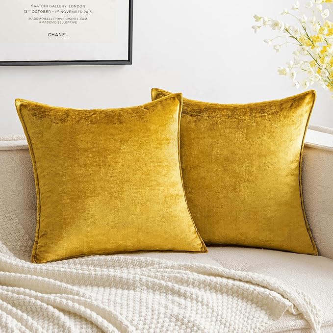 MIULEE Pack of 2 Decorative Velvet Throw Pillow Covers Soft Pillowcase Solid Square Cushion Case for Sofa Bedroom Car 24x24 Inch 60x60 Cm Golden