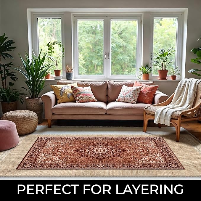 6' x 9' Jute & Wool Mini Check Area Rug with 4-Inch Border | Handwoven, Pile - 0.6"| Living Room, Dining & Bedroom Rug, Neutral Indoor Natural Farmhouse Décor (6' x 9')
