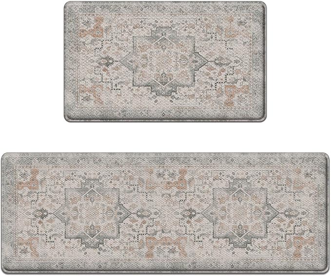 Arttown Kitchen Mats for Floor 2Pcs-Anti Fatigue Non Slip Mats for Kitchen Floor, Cushioned Waterproof & Stain-Resistant Boho Stripe Mat Set, Laundry Room, Office, Sink, Desk (Taupe)