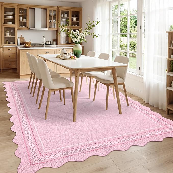 GarveeHome Scalloped Large Rug 10x14 Area Rugs for Living Room Pink Playroom Rug Washable Non Slip Soft Bedroom Rugs Foldable Low Pile Stain Resistant Carpet for Nursery Dining Room Classroom, Pink