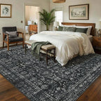 8x10 Area Rugs for Living Room Bedroom, Large Washable Rug, Black Vintage Floral Boho Rug, Non Slip & Low Pile Faux Wool Thin Carpet for Indoor Dining Room and Kids Room(Black 8x10ft)