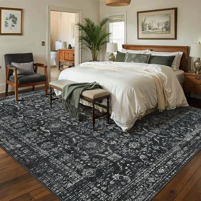 8x10 Area Rugs for Living Room Bedroom, Large Washable Rug, Black Vintage Floral Boho Rug, Non Slip & Low Pile Faux Wool Thin Carpet for Indoor Dining Room and Kids Room(Black 8x10ft)