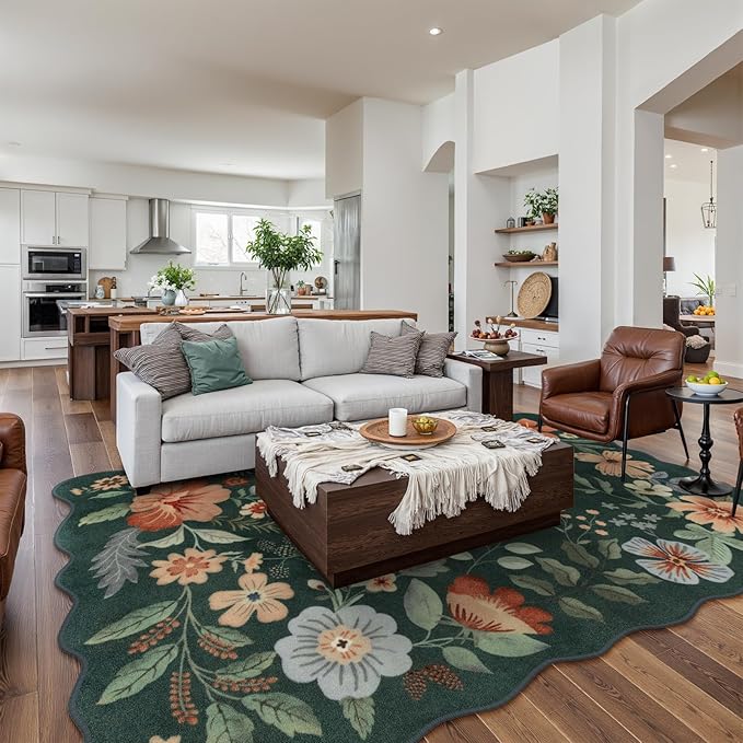 Lahome Floral Washable Living Room Rugs, 5x7 Green Area Rugs for Bedroom ‎‎‎‎Nursery, Ultra-Thin Soft Non-Slip Stain Resistant Boho Throw Carpet for Dining Room Office Flore, Dark Green