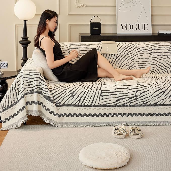 ROOMLIFE Thicked Striped Couch Cover with Tassel Black Chenille Sofa Cover Blanket for Sectional Sofa, Soft Sofa Slipcovers for L Shaped Love Seat 2-3 Cushion Couch Anti Slip Sofa Protector, 71"x134"