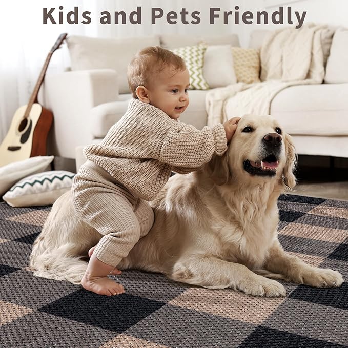 Tangsoo Checkered 4x6 Washable Easy Jute Area Rug for Patio,Non-Slip Black Grey Indoor Outdoor Rug,Modern Throw Mat Ultra Thin Carpet for Front Porch Kitchen Bedroom Foyer