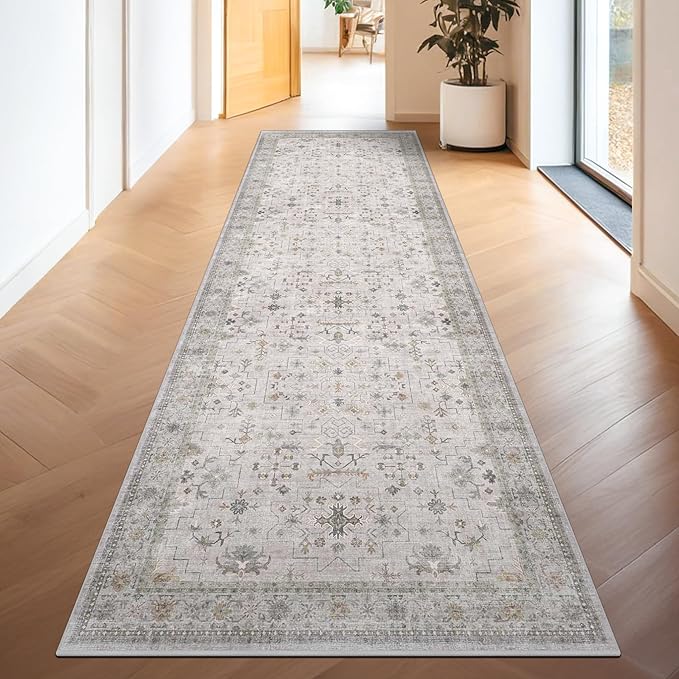 Non Slip Hallway Runner Rug - 2 x 10 Runner Rug, Washable & Waterproof 2x10 Kitchen Floor Mat - Extra Long Light Gray Neutral Farmhouse Boho Design Décor