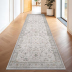 Light Gray Washable 2'6"x10' Wide Hallway Runners, Kitchen Runner Rug, Non-Slip & Stain Resistant 10ft Long Floor Rug, Neutral Boho Floral Décor