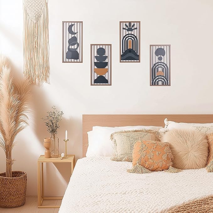 Blue Boho Wall Decor Set of 4, Abstract Blue Wall Art & Wall Decor Blue, Mid-Century Modern Aesthetic Artwork with Arch,Framed Wall Art - 3D Wooden Geometric Wall Sculpture for Bedroom Living Room Office (E)