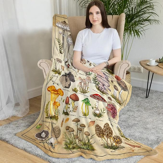 Mushroom Throw Blanket, Retro Soft Cozy and Warm Couch Blankets Gift for Mushroom Lover, Decorative Blankets for Sofa Couch Bed, Beige White 50×60 inches