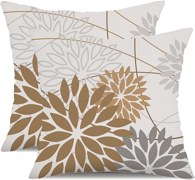 DFXSZ Brown Grey Outdoor Pillow Cover 18X18 Inch Set of 2 Outdoor Waterproof Summer Floral Brown Decorative Pillow case Decor for Couch Patio Funiture Garden Print Polyester Cushion Cover 01E18