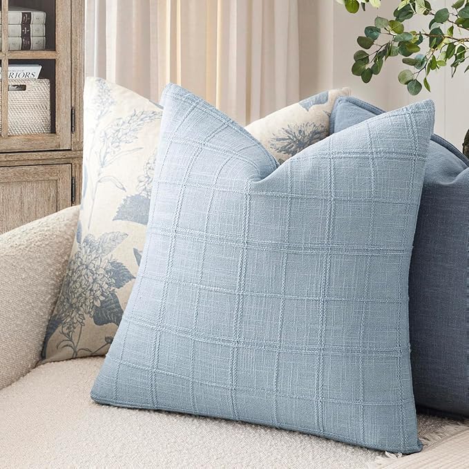 Foindtower Set of 2 Decorative Linen Check Throw Pillow Covers Neutral Farmhouse Vintage Cushion Covers Modern Boho Accent Home Decor for Sofa Chair Couch Bedroom Living Room,20×20 Inch,Sky Blue