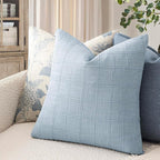 Foindtower Set of 2 Decorative Linen Check Throw Pillow Covers Neutral Farmhouse Vintage Cushion Covers Modern Boho Accent Home Decor for Sofa Chair Couch Bedroom Living Room,18×18 Inch,Sky Blue